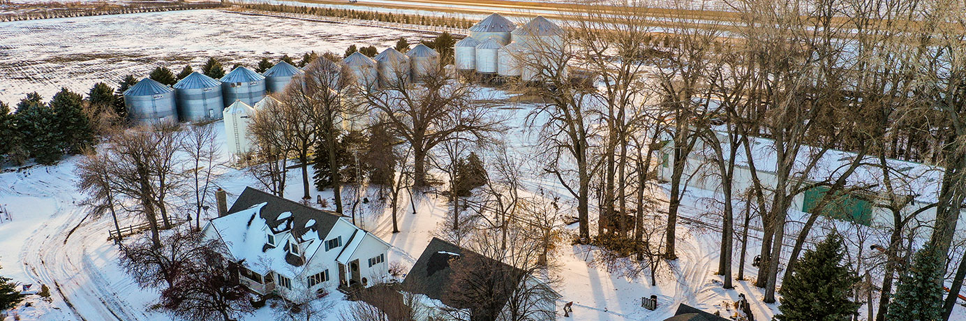 Aerial shot of a snowy farm