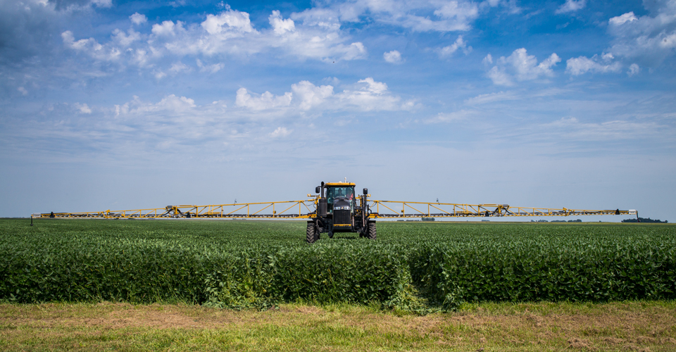 Sprayer spraying in a field