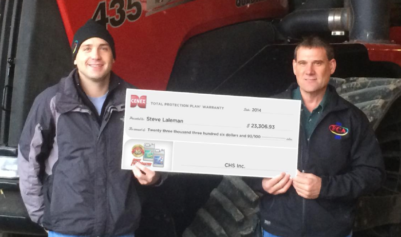 Steve Laleman of Minneota, Minnesota received a check to cover repairs to a Case IH tractor covered under the Cenex Total Protection Plan® warranty program.