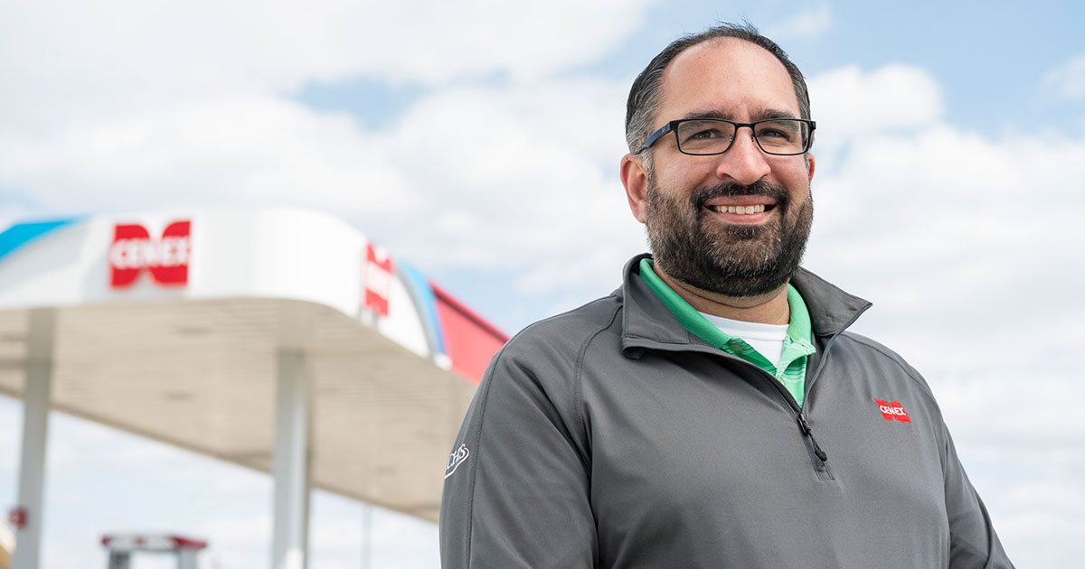 Ahktar in front of Cenex gas pumps