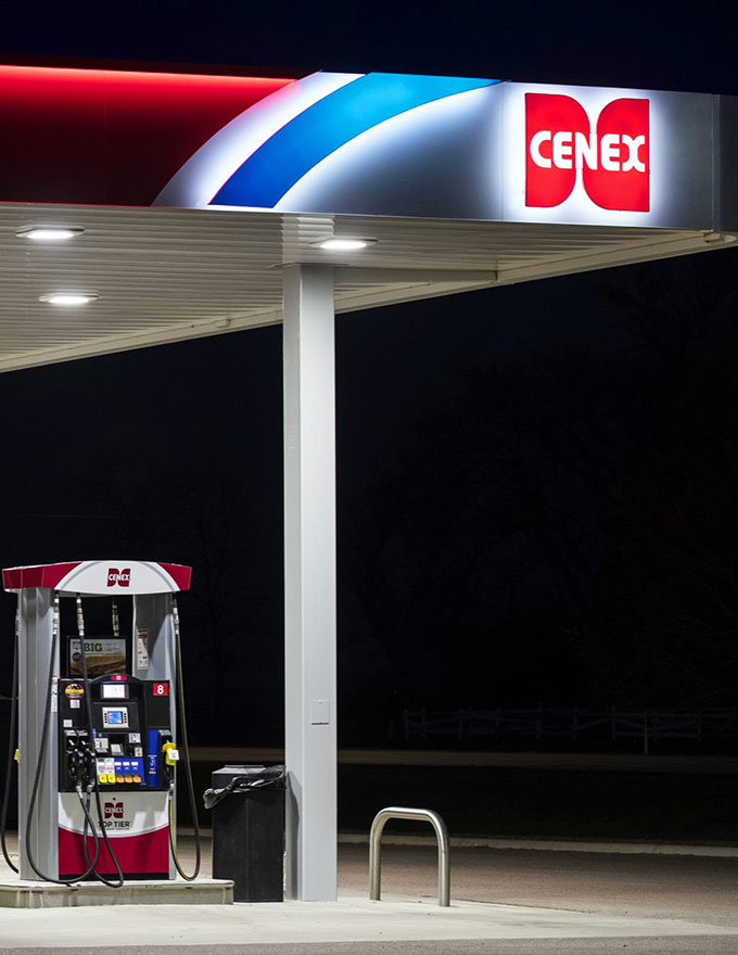 Cenex canopy over gas pumps